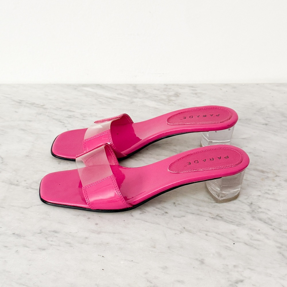 Parade Mule Sandals Clear Strap Block Heel 7 Hot Pink Square Toe Lucite y2k